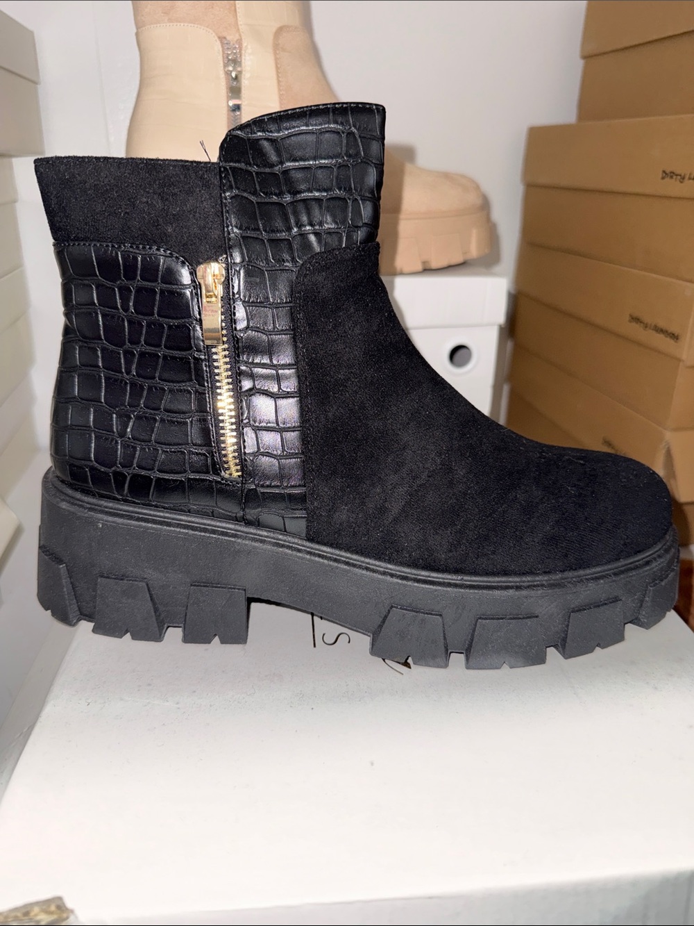 Mata Shoes Black Suede & Croc-Embossed Lug Zip Ankle Boot